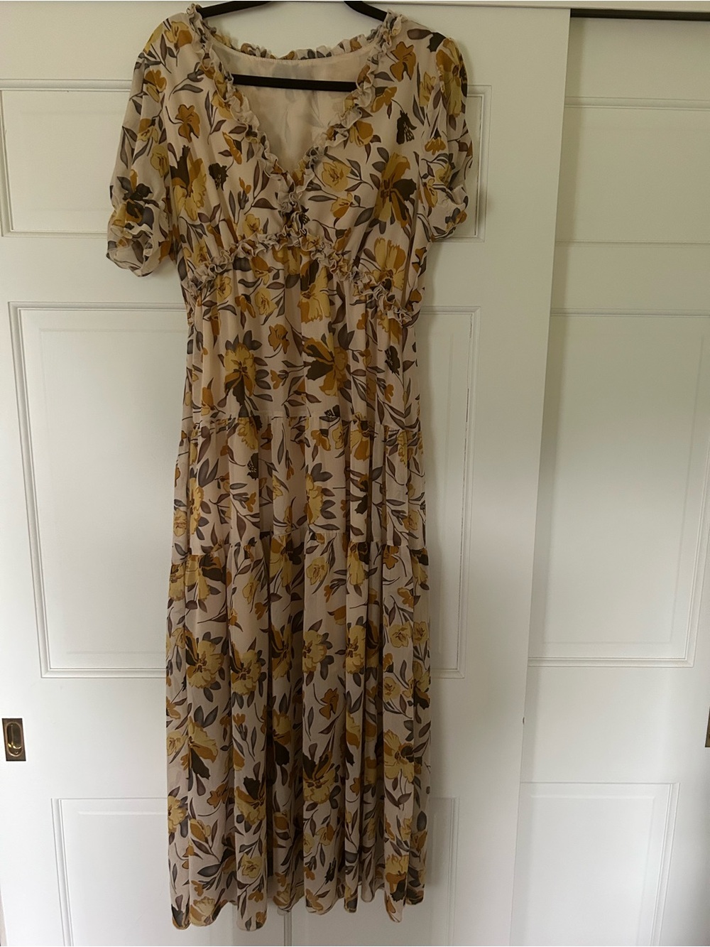Yellow Floral V-Neck Maxi Dress in Cream